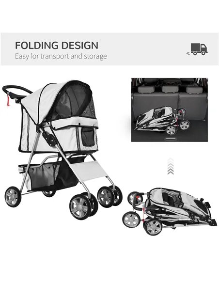 PawHut Dog Stroller with Rain Cover for Small Miniature Dogs, Folding Pet Pram with Cup Holder, Storage Basket, Reflective Strip