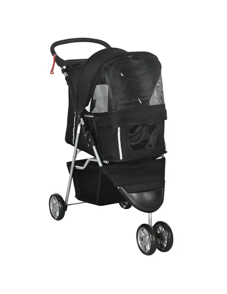 PawHut Dog Stroller, 3 Wheels Foldable Cat Dog Pram with Cup Holder, Storage Basket, Pet Stroller for Small Miniature Dogs, Blac