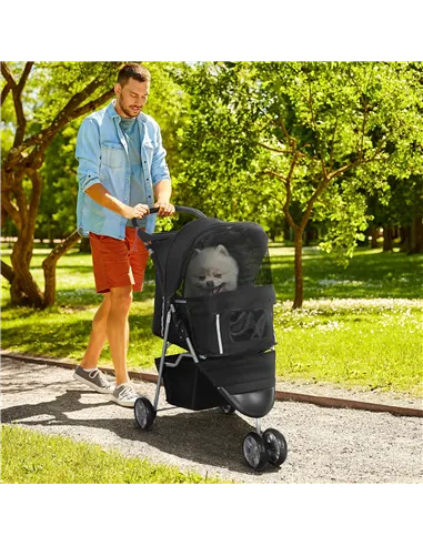 PawHut Dog Stroller, 3 Wheels Foldable Cat Dog Pram with Cup Holder, Storage Basket, Pet Stroller for Small Miniature Dogs, Blac