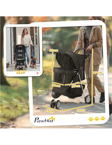 PawHut Dog Stroller, 3 Wheels Foldable Cat Dog Pram with Cup Holder, Storage Basket, Pet Stroller for Small Miniature Dogs, Blac