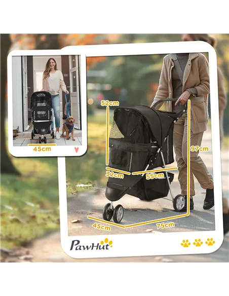 PawHut Dog Stroller, 3 Wheels Foldable Cat Dog Pram with Cup Holder, Storage Basket, Pet Stroller for Small Miniature Dogs, Blac