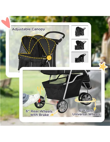 PawHut Dog Stroller, 3 Wheels Foldable Cat Dog Pram with Cup Holder, Storage Basket, Pet Stroller for Small Miniature Dogs, Blac