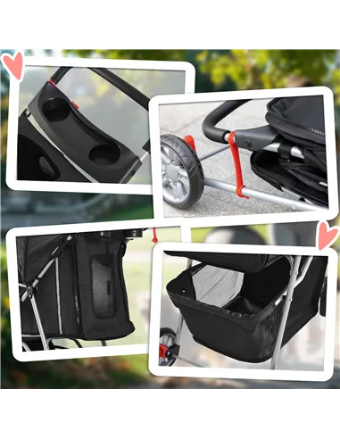 PawHut Dog Stroller, 3 Wheels Foldable Cat Dog Pram with Cup Holder, Storage Basket, Pet Stroller for Small Miniature Dogs, Blac