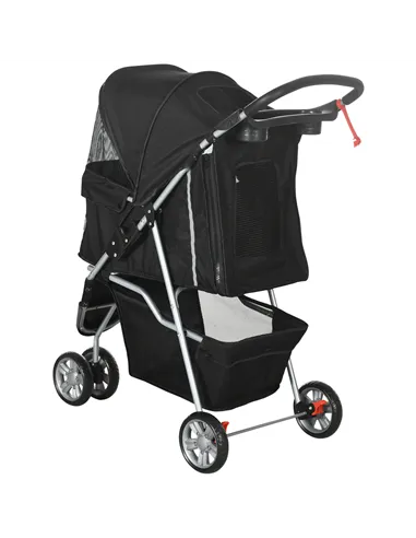 PawHut Dog Stroller, 3 Wheels Foldable Cat Dog Pram with Cup Holder, Storage Basket, Pet Stroller for Small Miniature Dogs, Blac