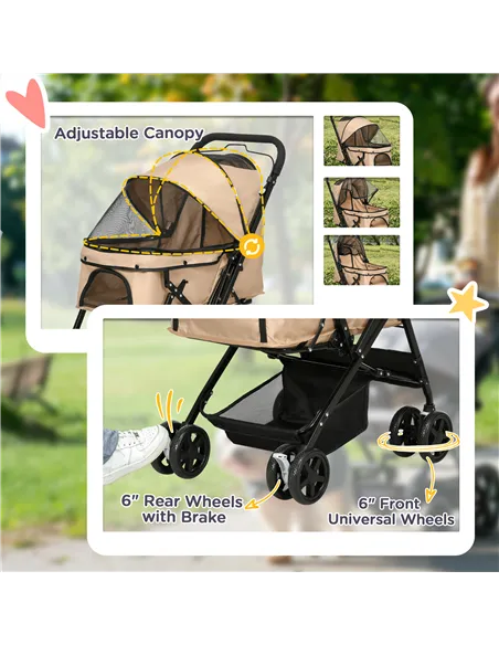 PawHut Pet Stroller Pushchair Foldable Travel Dog Cat Carriage w/ Reversible Handle Brake Basket