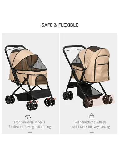 PawHut Pet Stroller Pushchair Foldable Travel Dog Cat Carriage w/ Reversible Handle Brake Basket