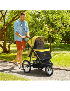 PawHut Foldable Pet Stroller Jogger, with Three Wheels, Canopy, for Medium and Small Dogs, Yellow 2