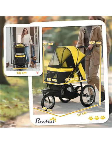 PawHut Foldable Pet Stroller Jogger, with Three Wheels, Canopy, for Medium and Small Dogs, Yellow