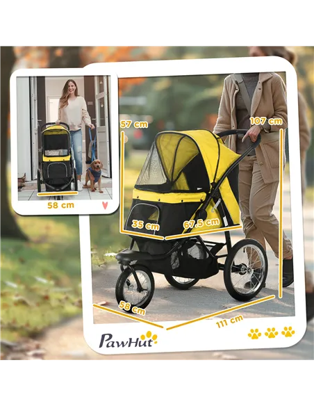 PawHut Foldable Pet Stroller Jogger, with Three Wheels, Canopy, for Medium and Small Dogs, Yellow