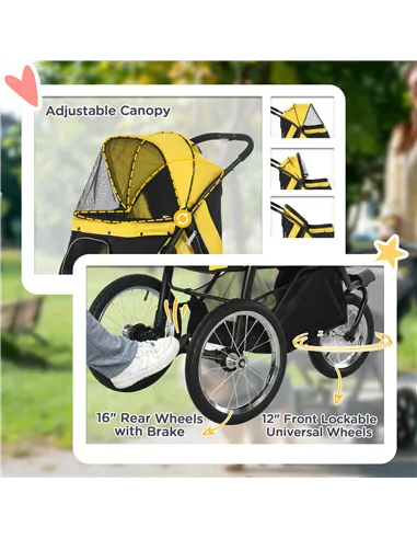 PawHut Foldable Pet Stroller Jogger, with Three Wheels, Canopy, for Medium and Small Dogs, Yellow