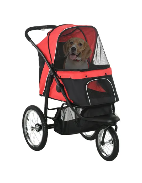 PawHut Foldable Pet Stroller with Three Wheels, for Small, Medium Dogs, Red