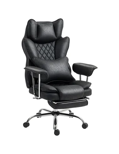 HOMCOM Leathaire Reclining Office Chair with Lumbar Support Pillow - Black