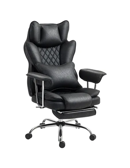 HOMCOM Leathaire Reclining Office Chair with Lumbar Support Pillow - Black