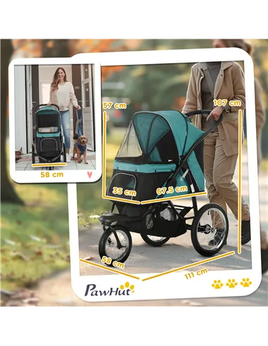 PawHut Foldable Pet Stroller Jogger, with Three Wheels, Canopy, for Medium and Small Dogs, Green