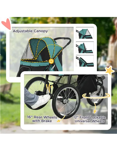 PawHut Foldable Pet Stroller Jogger, with Three Wheels, Canopy, for Medium and Small Dogs, Green