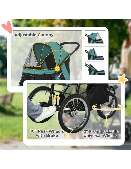 PawHut Foldable Pet Stroller Jogger, with Three Wheels, Canopy, for Medium and Small Dogs, Green