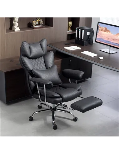HOMCOM Leathaire Reclining Office Chair with Lumbar Support Pillow - Black