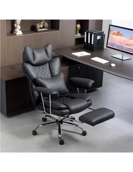 HOMCOM Leathaire Reclining Office Chair with Lumbar Support Pillow - Black