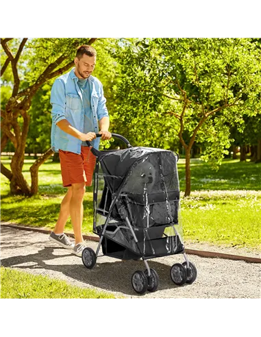 PawHut Pet Travel Stroller with Rain Cover, 4 Wheels Foldable Travel Carriage with Wheels Zipper Entry Cup Holder Storage Basket