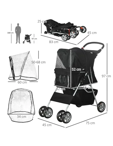 PawHut Pet Travel Stroller with Rain Cover, 4 Wheels Foldable Travel Carriage with Wheels Zipper Entry Cup Holder Storage Basket