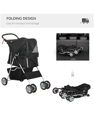 PawHut Pet Travel Stroller with Rain Cover, 4 Wheels Foldable Travel Carriage with Wheels Zipper Entry Cup Holder Storage Basket