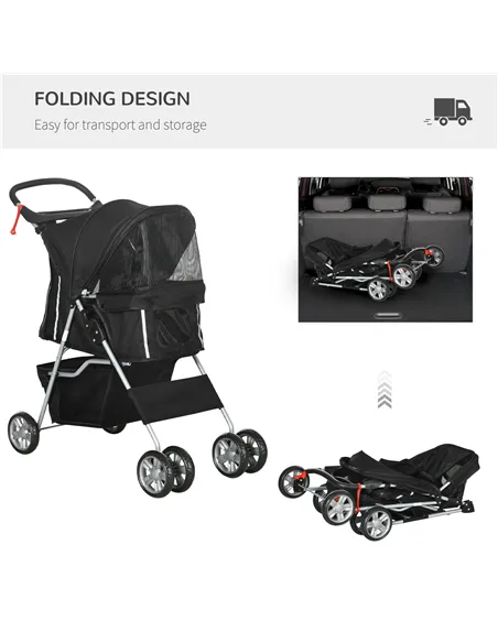 PawHut Pet Travel Stroller with Rain Cover, 4 Wheels Foldable Travel Carriage with Wheels Zipper Entry Cup Holder Storage Basket