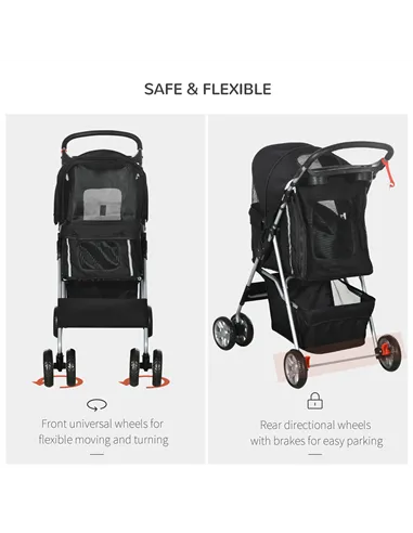 PawHut Pet Travel Stroller with Rain Cover, 4 Wheels Foldable Travel Carriage with Wheels Zipper Entry Cup Holder Storage Basket