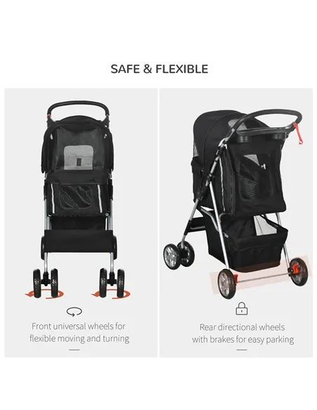 PawHut Pet Travel Stroller with Rain Cover, 4 Wheels Foldable Travel Carriage with Wheels Zipper Entry Cup Holder Storage Basket