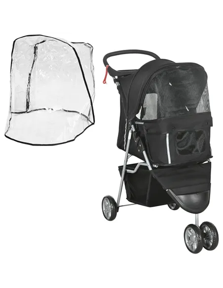 PawHut Pet Travel Stroller with Rain Cover, 3 Wheels Foldable Cat Dog Pushchair with Storage Basket and Cupholder for Small Mini