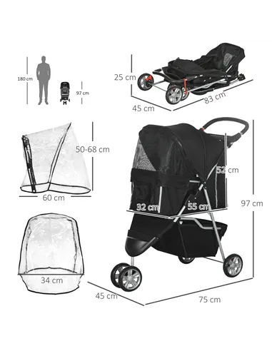 PawHut Pet Travel Stroller with Rain Cover, 3 Wheels Foldable Cat Dog Pushchair with Storage Basket and Cupholder for Small Mini