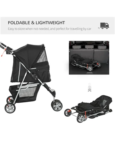 PawHut Pet Travel Stroller with Rain Cover, 3 Wheels Foldable Cat Dog Pushchair with Storage Basket and Cupholder for Small Mini
