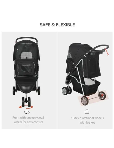 PawHut Pet Travel Stroller with Rain Cover, 3 Wheels Foldable Cat Dog Pushchair with Storage Basket and Cupholder for Small Mini