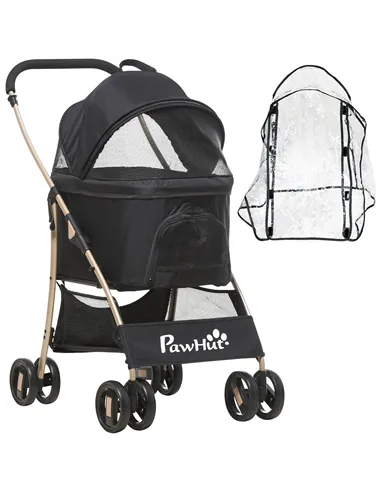 PawHut Detachable Pet Stroller with Rain Cover, 3 In 1 Cat Dog Pushchair, Foldable Carrying Bag w/ Universal Wheels, Brake, Cano