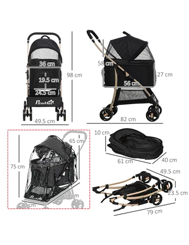 PawHut Detachable Pet Stroller with Rain Cover, 3 In 1 Cat Dog Pushchair, Foldable Carrying Bag w/ Universal Wheels, Brake, Cano