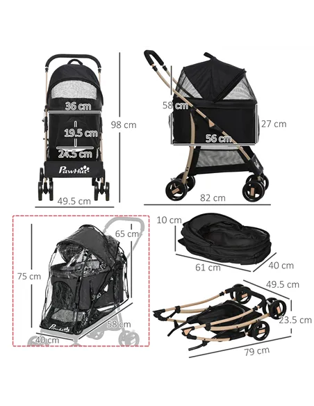 PawHut Detachable Pet Stroller with Rain Cover, 3 In 1 Cat Dog Pushchair, Foldable Carrying Bag w/ Universal Wheels, Brake, Cano