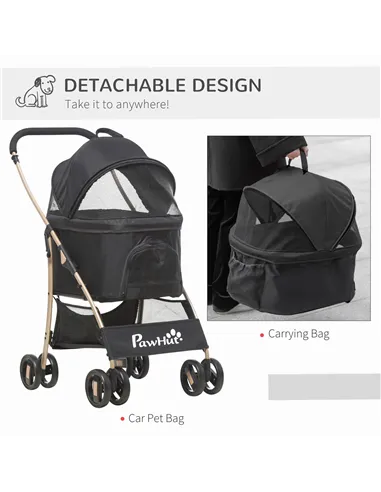 PawHut Detachable Pet Stroller with Rain Cover, 3 In 1 Cat Dog Pushchair, Foldable Carrying Bag w/ Universal Wheels, Brake, Cano