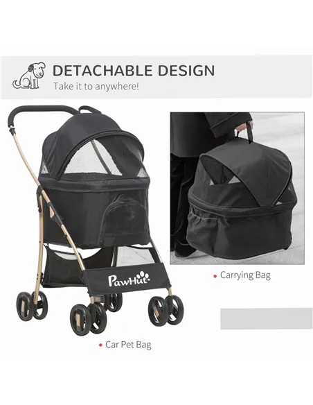PawHut Detachable Pet Stroller with Rain Cover, 3 In 1 Cat Dog Pushchair, Foldable Carrying Bag w/ Universal Wheels, Brake, Cano