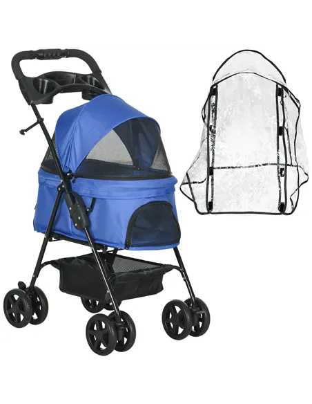 PawHut Dog Stroller with Rain Cover, Dog Pushchair One-Click Fold Trolley Jogger with EVA Wheels Brake Basket Adjustable Canopy 