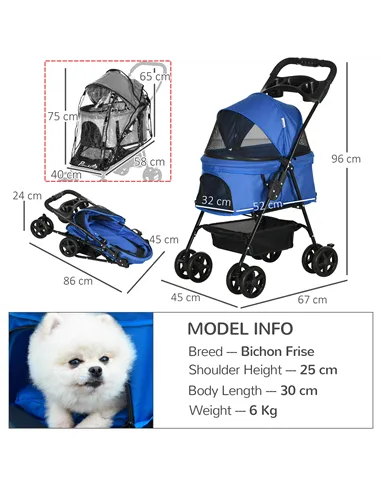 PawHut Dog Stroller with Rain Cover, Dog Pushchair One-Click Fold Trolley Jogger with EVA Wheels Brake Basket Adjustable Canopy 
