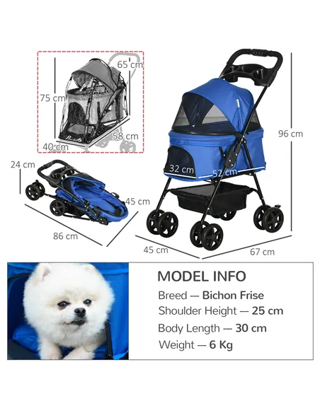 PawHut Dog Stroller with Rain Cover, Dog Pushchair One-Click Fold Trolley Jogger with EVA Wheels Brake Basket Adjustable Canopy 