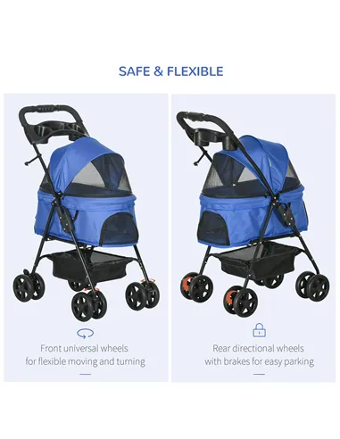 PawHut Dog Stroller with Rain Cover, Dog Pushchair One-Click Fold Trolley Jogger with EVA Wheels Brake Basket Adjustable Canopy 