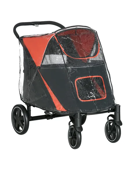 PawHut One-Click Foldable Pet Travel Stroller with Rain Cover, Cat Dog Pushchair with Universal Front Wheels, Shock Absorber, St