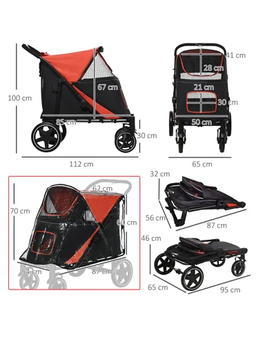 PawHut One-Click Foldable Pet Travel Stroller with Rain Cover, Cat Dog Pushchair with Universal Front Wheels, Shock Absorber, St