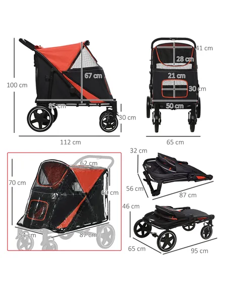 PawHut One-Click Foldable Pet Travel Stroller with Rain Cover, Cat Dog Pushchair with Universal Front Wheels, Shock Absorber, St