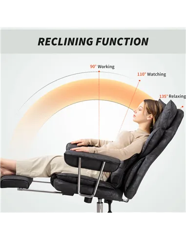 HOMCOM Leathaire Reclining Office Chair with Lumbar Support Pillow - Black