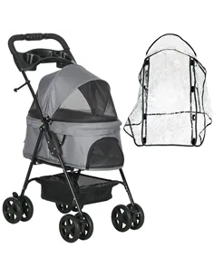 PawHut Dog Stroller with Rain Cover, Dog Pushchair One-Click Fold Trolley Jogger with EVA Wheels Brake Basket Adjustable Canopy 