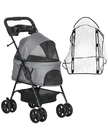 PawHut Dog Stroller with Rain Cover, Dog Pushchair One-Click Fold Trolley Jogger with EVA Wheels Brake Basket Adjustable Canopy 
