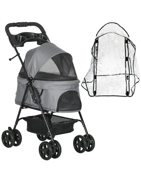 PawHut Dog Stroller with Rain Cover, Dog Pushchair One-Click Fold Trolley Jogger with EVA Wheels Brake Basket Adjustable Canopy 