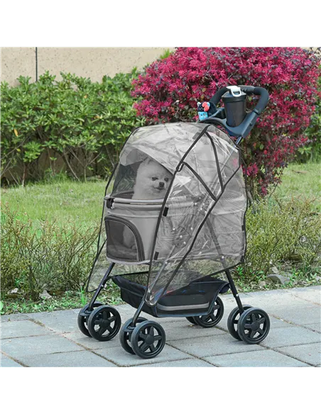PawHut Dog Stroller with Rain Cover, Dog Pushchair One-Click Fold Trolley Jogger with EVA Wheels Brake Basket Adjustable Canopy 