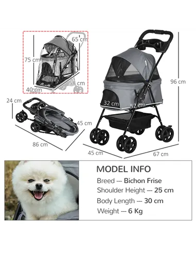 PawHut Dog Stroller with Rain Cover, Dog Pushchair One-Click Fold Trolley Jogger with EVA Wheels Brake Basket Adjustable Canopy 